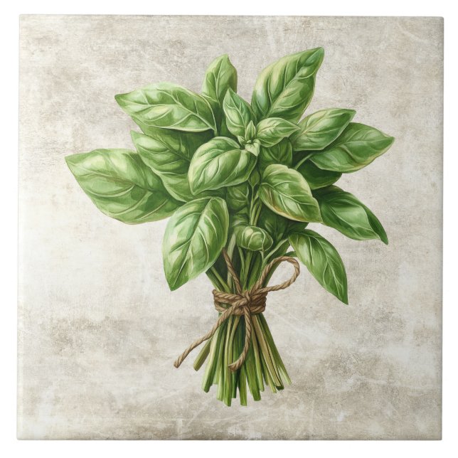 Azulejo Rustic Watercolor Herbs Basil with Twine Design (Frente)