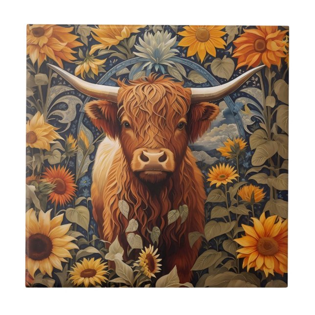 Azulejo Rústico campo Highland Cow Sunflowers (Frente)