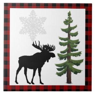 Azulejo Rústico Moose Pine Tree Red Plaid Decorativo