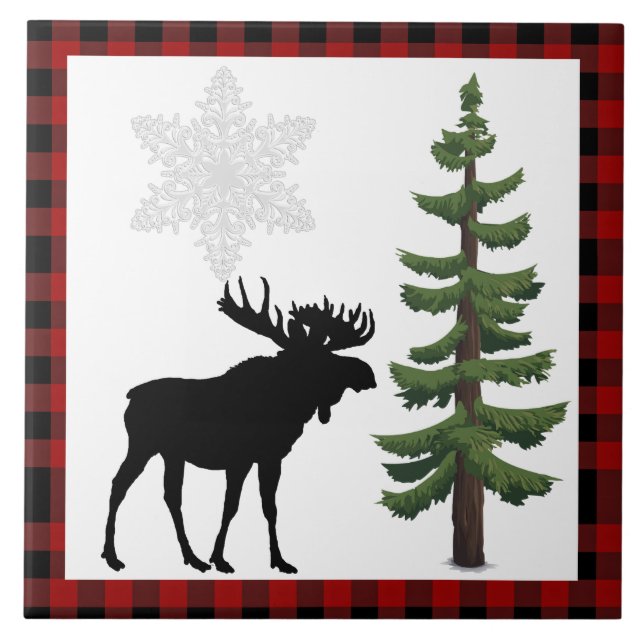 Azulejo Rústico Moose Pine Tree Red Plaid Decorativo (Frente)