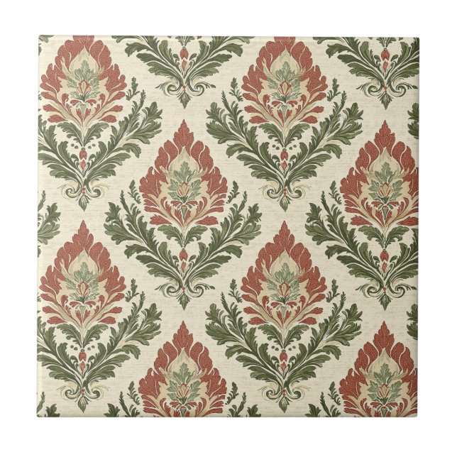 Azulejo Rústico Vintage Damask Rojo Verde Beige (Frente)
