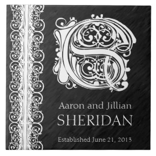 Azulejo S Monograma "Lazo blanco sobre negro" Boda Tile