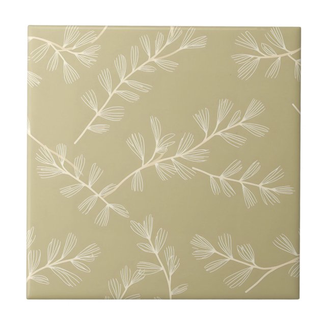 Azulejo Sage Green Botanical Pattern Cream Hand Drawn Leaf (Frente)