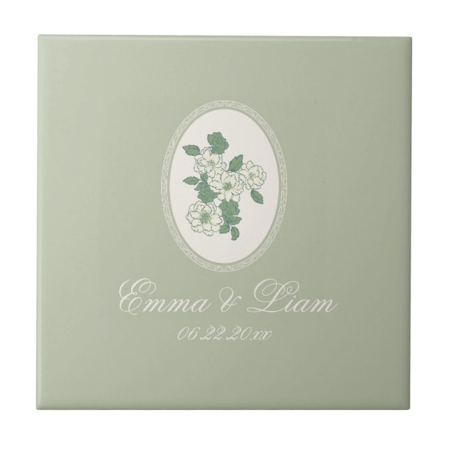 Azulejo Sage Green Custom Wedding Ceramic Tile (Frente)