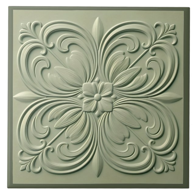 Azulejo Sage Green Floral Faux Relief Decoration (Frente)