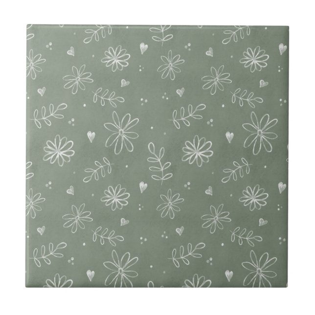 Azulejo Sage Green Floral Granja Cerámica Tile (Frente)