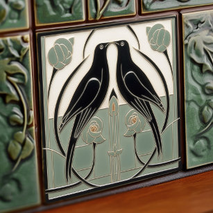 Azulejo Sage Green Mackintosh Aves Negras Decoración Art D
