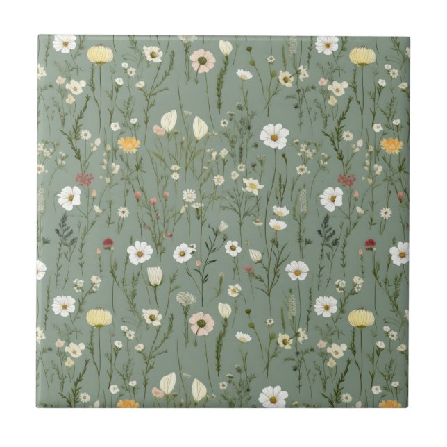 Azulejo Sage Green Pink Yellow White Floral Seless (Frente)