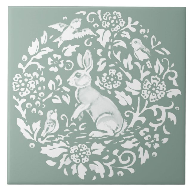 Azulejo Sage Green Rabbit Bunny Circle Pattern Único (Frente)