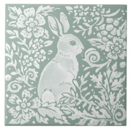 Azulejo Sage Green Rabbit Woodland Scene Floral Fern