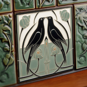 Azulejo Sage Verde Mackintosh Negro Arte Deco Decoración