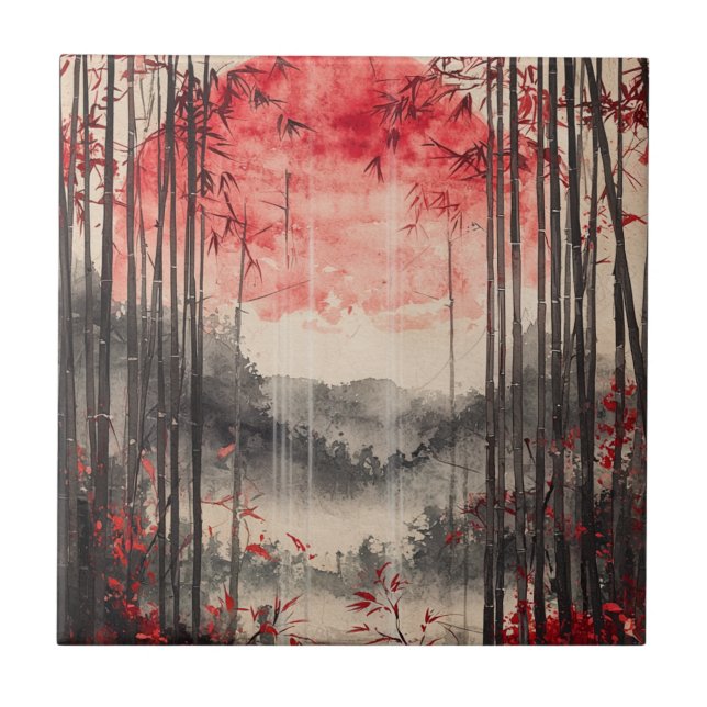 Azulejo Sakura de Luna de Sangre en Tinta Lavada (1) (Frente)
