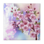Azulejo Sakura rosa sobre fondo de pintura<br><div class="desc">Dibujado artísticamente,  rama de rosa,  flores de cerezo sobre fondo pintoresco,  texturizado,  pintado con pintura blanca,  rosa y azul. Pink Sakura</div>