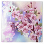 Azulejo Sakura rosa sobre fondo de pintura<br><div class="desc">Dibujado artísticamente,  rama de rosa,  flores de cerezo sobre fondo pintoresco,  texturizado,  pintado con pintura blanca,  rosa y azul. Pink Sakura</div>