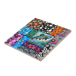 Azulejo Salmon Crazy Quilt Floral Whimsical Colorful