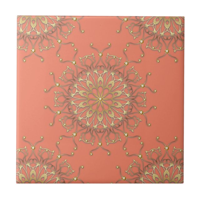 Azulejo Salmón rosado y oro Filigree Mandala con diamantes (Frente)