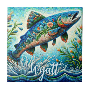 Azulejo Salmon Saltando Mosaico Floral Azul Personalizado