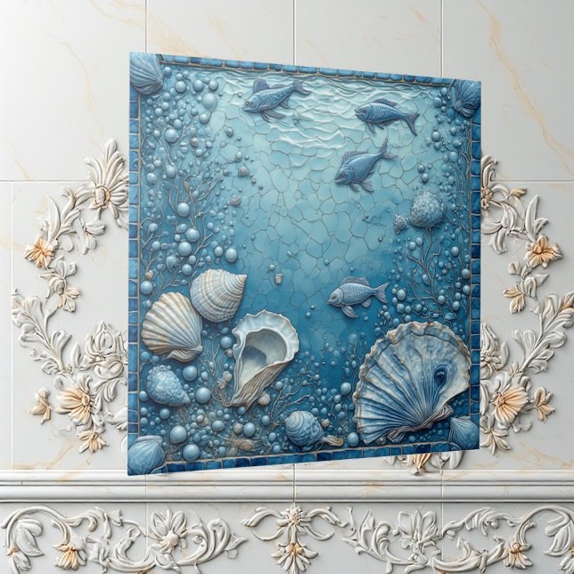 Azulejo Salpicadura de burbujas submarinas de peces acuáti (Seashell Aquatic Fish Underwater Bubble Backsplash Ceramic Tile)