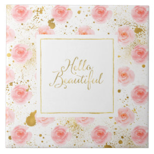 Azulejo Salpicaduras de oro rosas rosadas hola hermosa