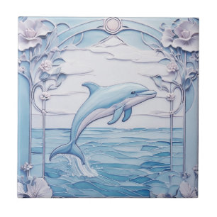 Azulejo Saltando delfín Art Nouveau Faux Relief Light Blue