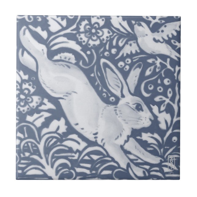 Azulejo Salto Conejo Azul Blanco Botánico Dedham Delft (Frente)