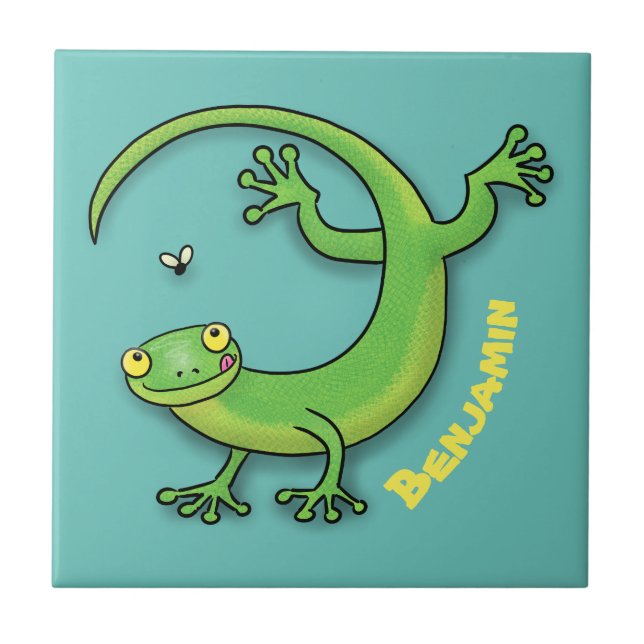 Azulejo Saludos felices de gecko verde lindo con personali (Frente)