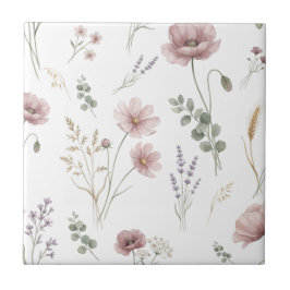 Azulejo Salvia Rosa Verde Flor Silvestre Aquarela