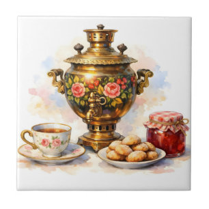Azulejo Samovar Ruso de Acuarela con Galletas, Mermelada