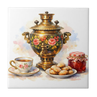 Azulejo Samovar Ruso de Acuarela con Galletas, Mermelada