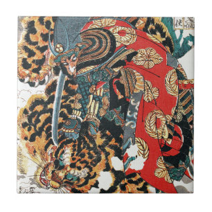 Azulejo Samurai lucha contra un tigre, Kuniyoshi, Ukiyo-e