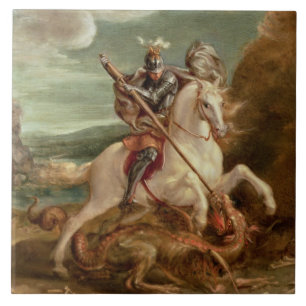 Azulejo San Jorge que mata el dragón, (aceite en el panel)