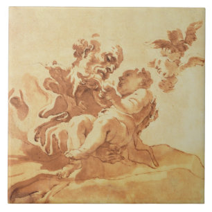 Azulejo San José que adora al niño de Cristo (pluma,