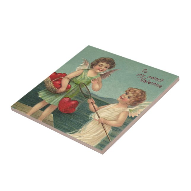 Azulejo San Valentín antiguo, Ángeles pescando corazones (Lado)