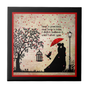 Azulejo San Valentín de poesía negra y beige de época