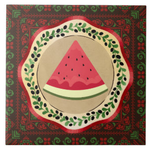 Azulejo sandía en plato de oliva con tatreez palestino