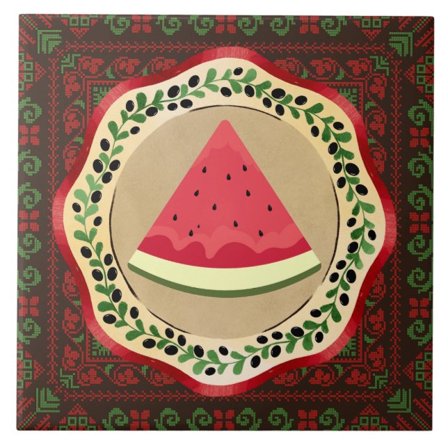 Azulejo sandía en plato de oliva con tatreez palestino (Frente)