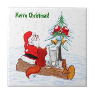 Azulejo Santa Claus con Fox de Conejo y Squirrel