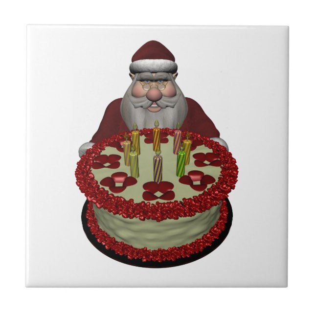 Azulejo Santa Claus con pastel de cumpleaños (Frente)