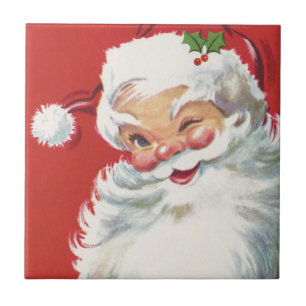 Azulejo Santa Claus vintage de Navidad, alegre y guiñando