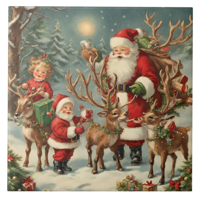 Azulejo Santa con niños, renos y regalos (Frente)