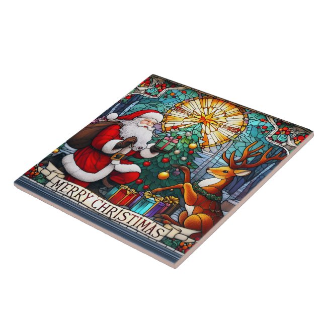 Azulejo Santa entrega alegría a un reno por un árbol de Na (Lado)