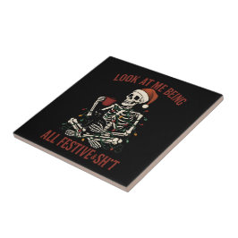 Azulejo Santa Skeleton with Cat Holiday Snark