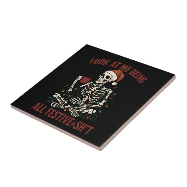 Azulejo Santa Skeleton with Cat Holiday Snark (Lado)