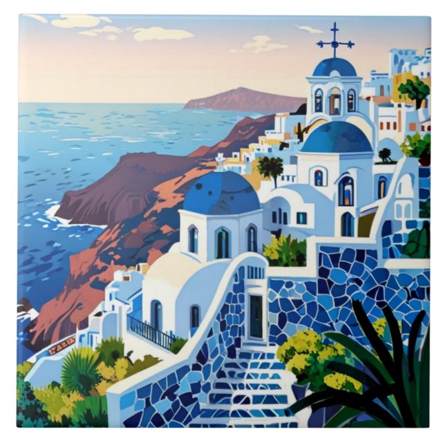 Azulejo Santorini Grecia al atardecer - Isla Griega (Frente)