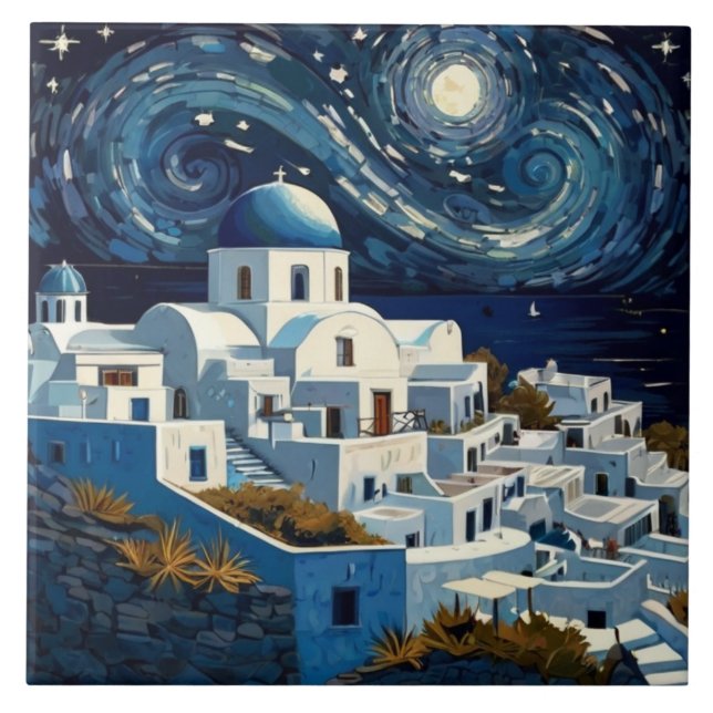Azulejo Santorini, Noche griega estrellada - Arte insular  (Frente)