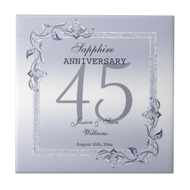 Azulejo Sapphire Gem y Purpurina 45° Aniversario del Boda  (Frente)