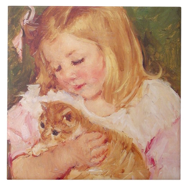 Azulejo Sara Holding a Cat (por Mary Cassatt) (Frente)