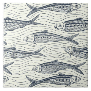 Azulejo Sardinas en movimiento en azul marino y marfil