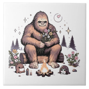 Azulejo Sasquatch sosteniendo flores
