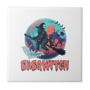Azulejo Sasqwitch Bigfoot Bruja Escoba Gato Negro Luna Noc